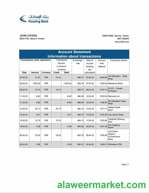 Yemen Housing bank statement, Excel and PDF template